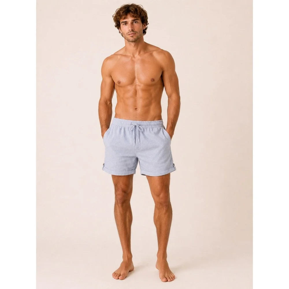 per se Shorts Mens Large Blue White Excellent Striped Linen Blend Seersucker